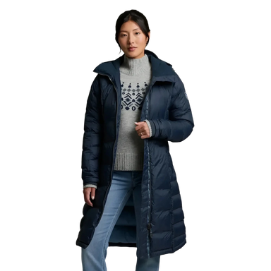 KÜHL® Women's Crossfire™ Parka in metal blue, on model front view unzipped