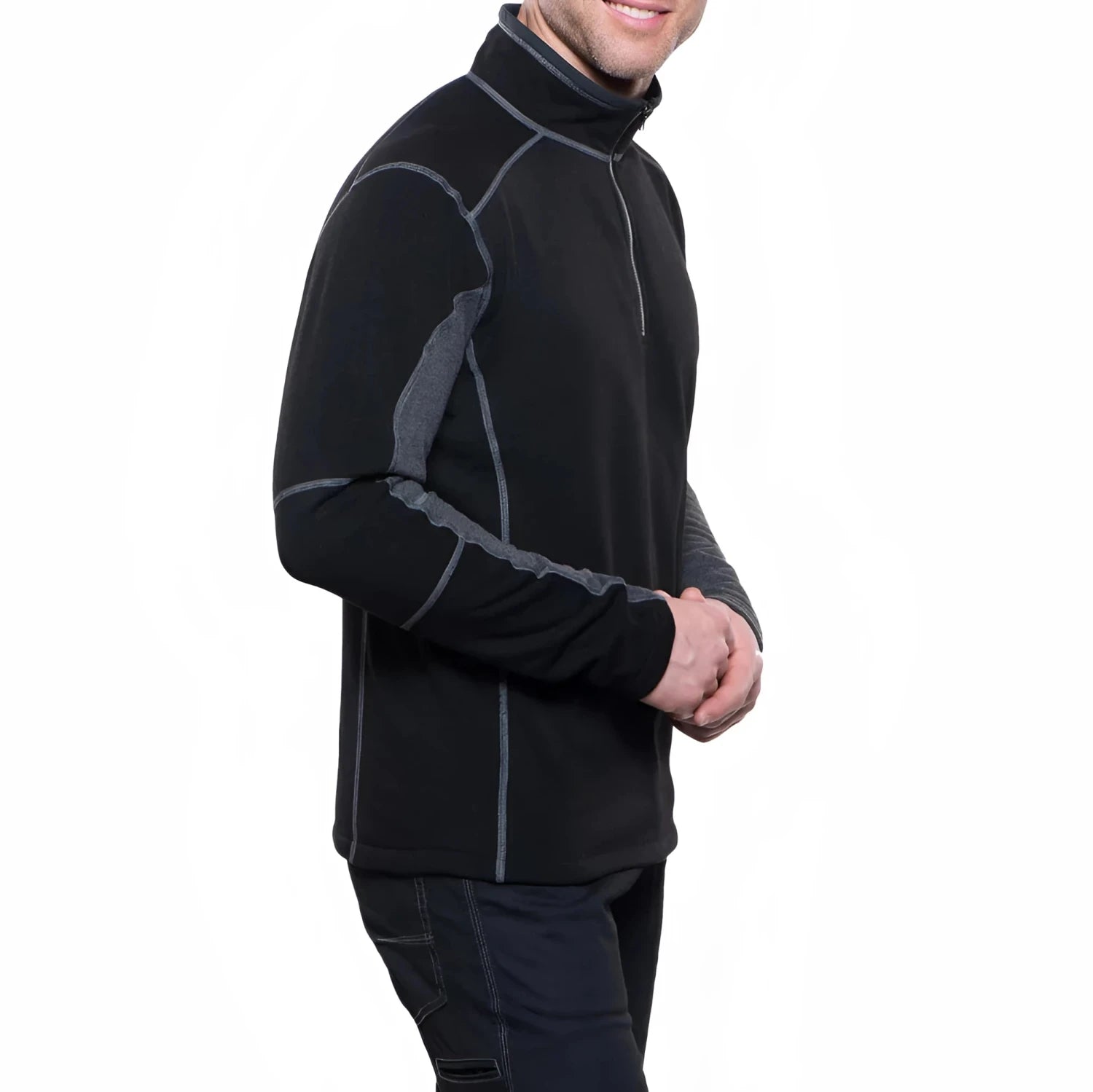 KÜHL Men's Revel™ 1/4 Zip in black & steel, on model side view