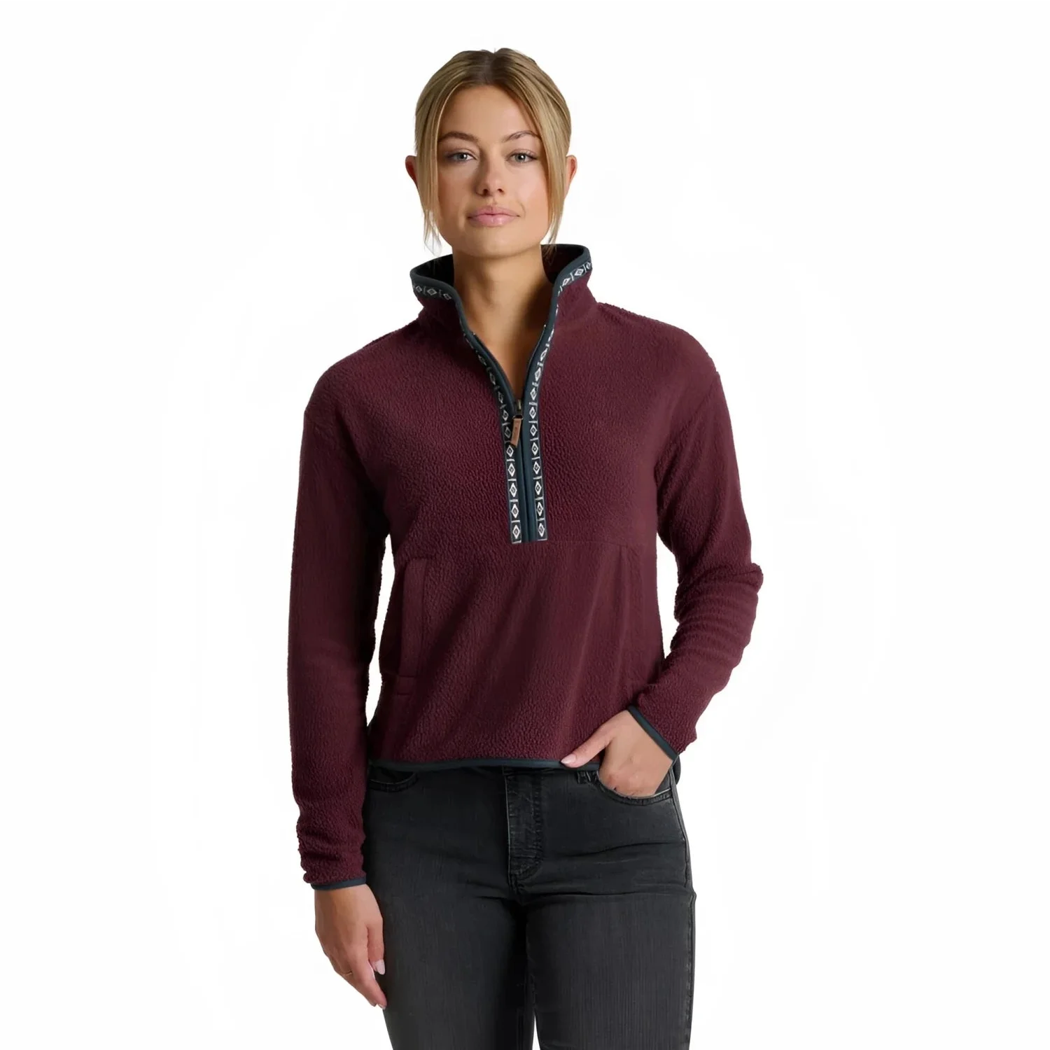 KÜHL® Women's Hygge™ 1/2 Zip in raisin, on model front view