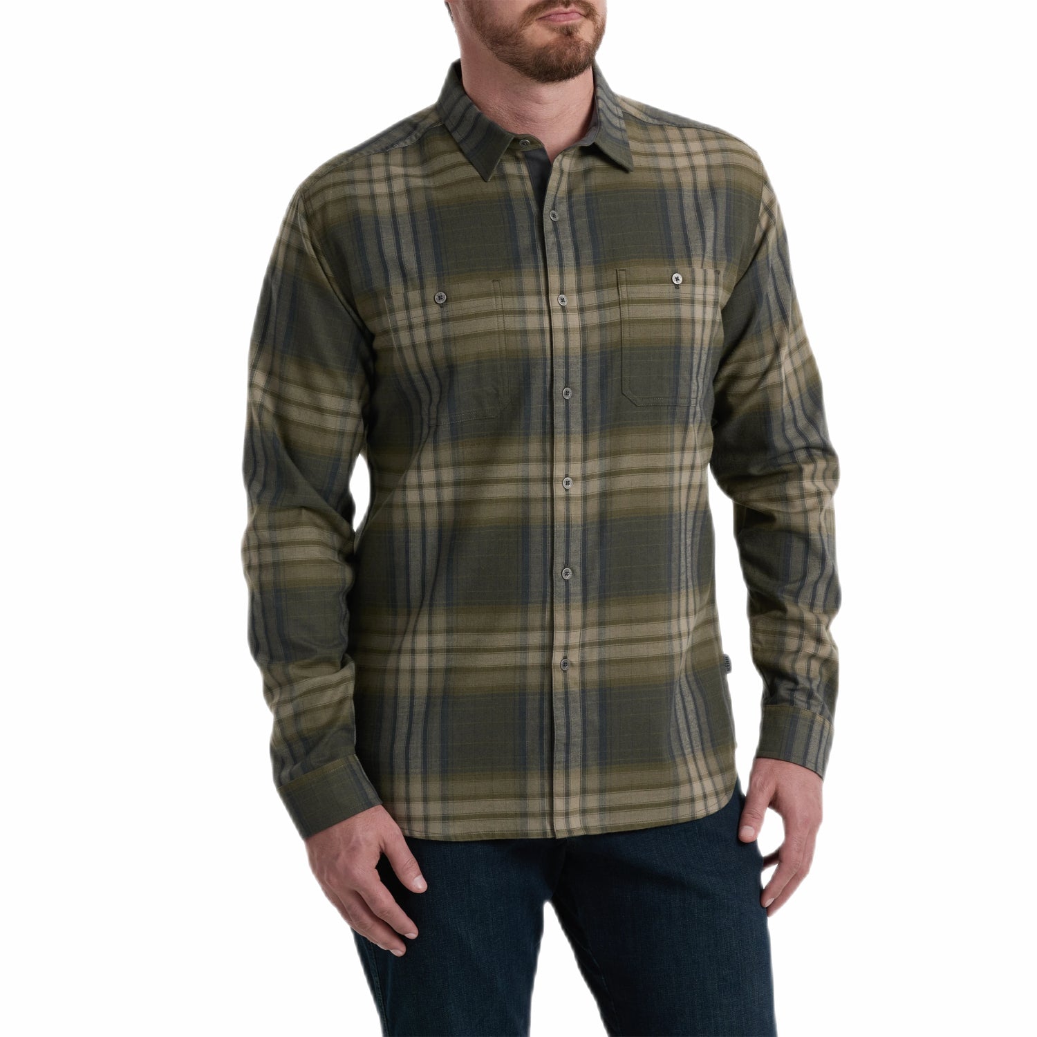 Kuhl Men's Fugitive™ Flannel in smoked sage, on model front view