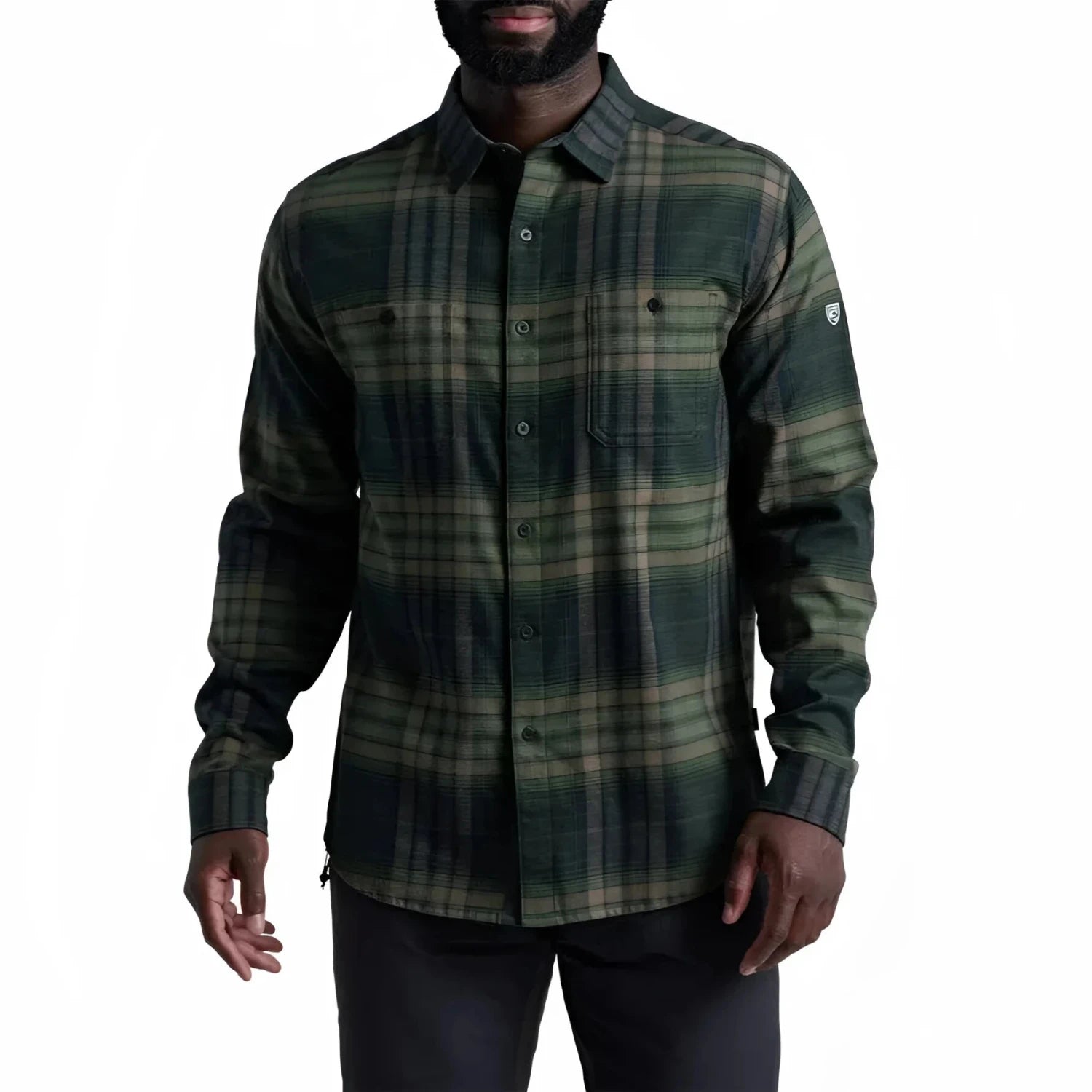 Kuhl Men's Fugitive™ Flannel in dark forest, on model front view