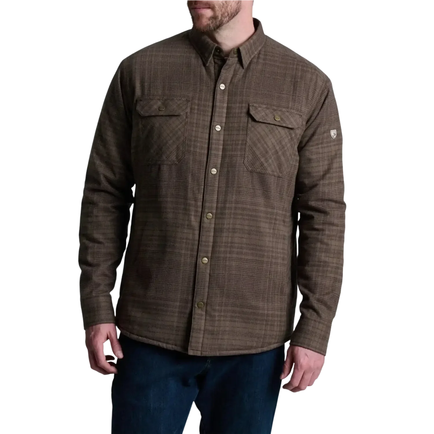 KUHL Men's Joyrydr™ Flannel Shirt-Jac in dark roast, on model front view