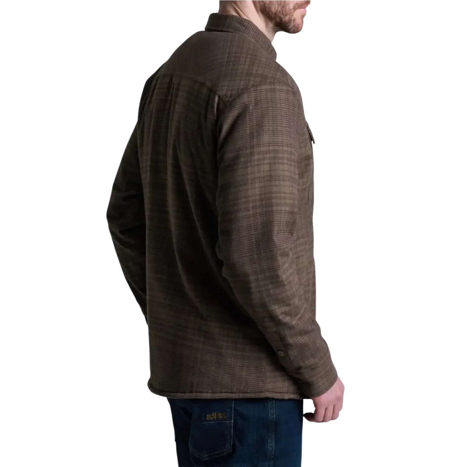 KUHL Men's Joyrydr™ Flannel Shirt-Jac in dark roast, on model side view