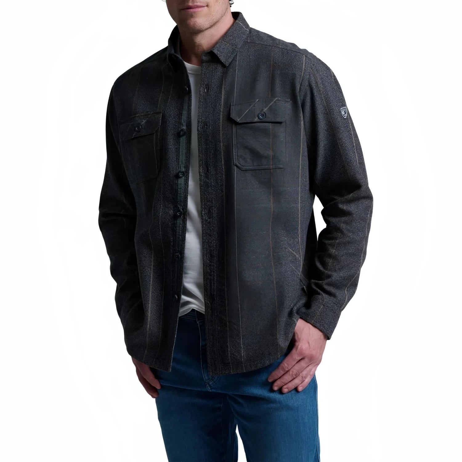 KÜHL® Men's Deviatr™ Shirt-Jac in pirate black, on model front view