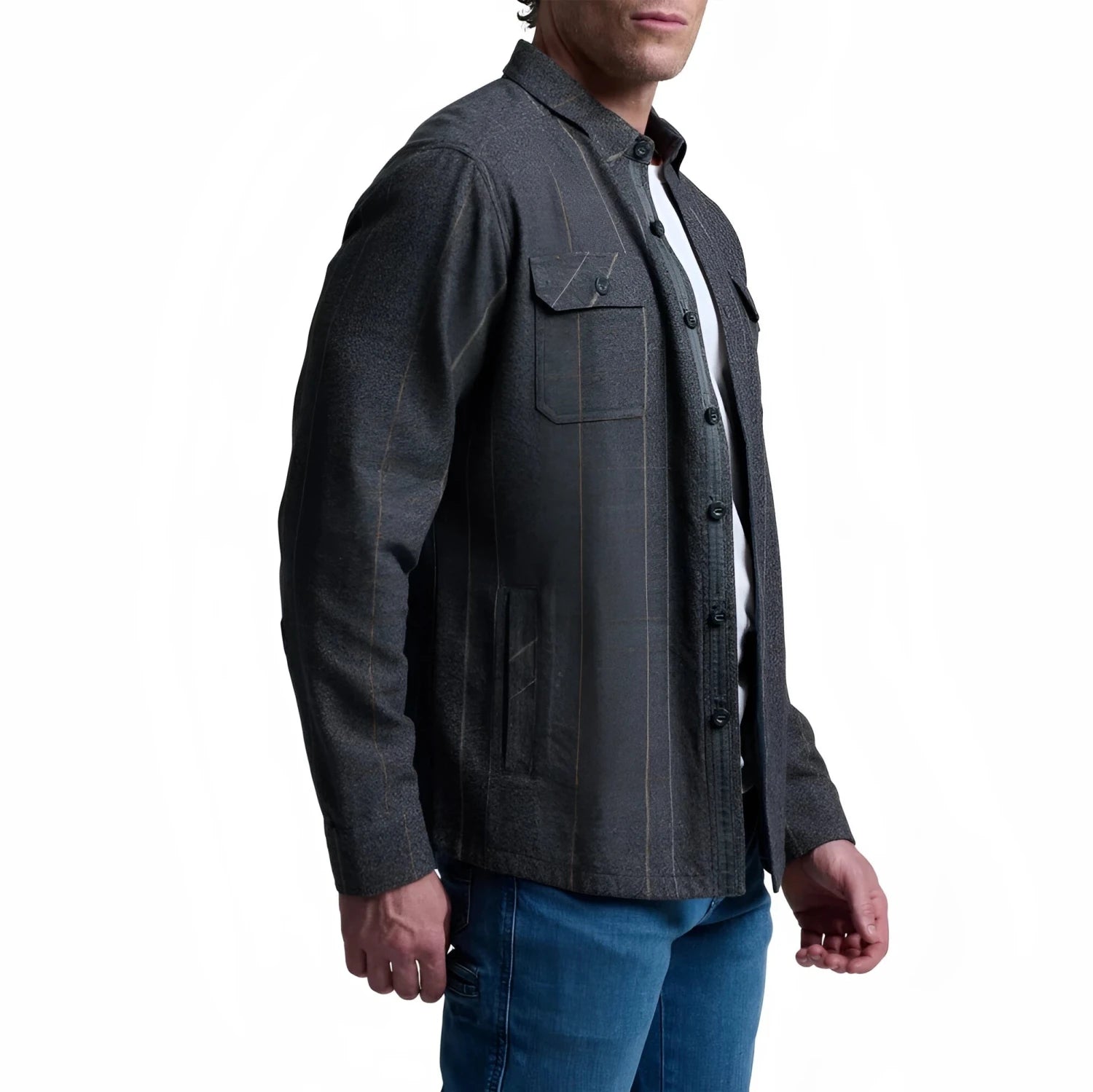KÜHL® Men's Deviatr™ Shirt-Jac in pirate black, on model side view