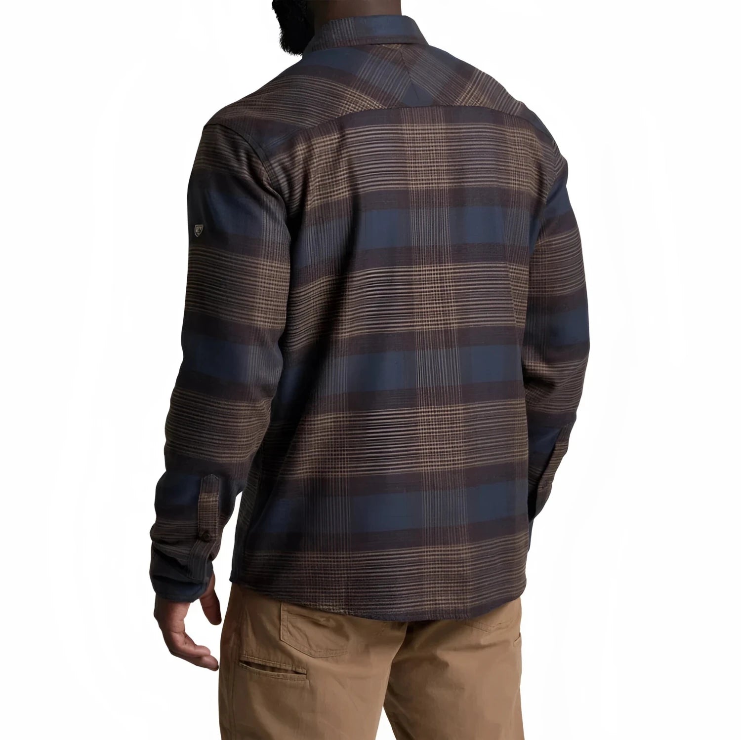 KUHL Men's Rydr™ Flannel in dark roast, on model back view