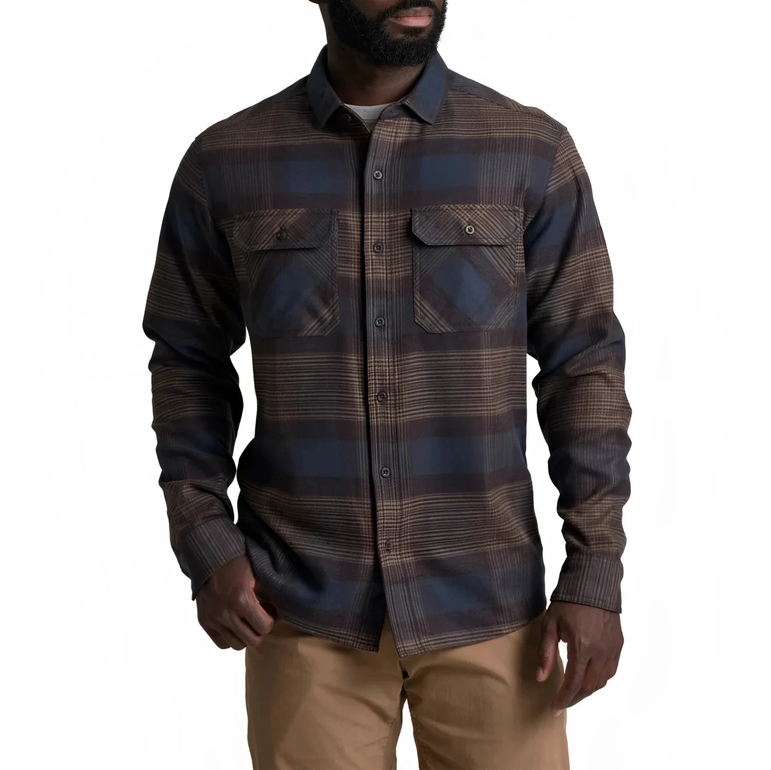 KUHL Men's Rydr™ Flannel in dark roast, on model front view
