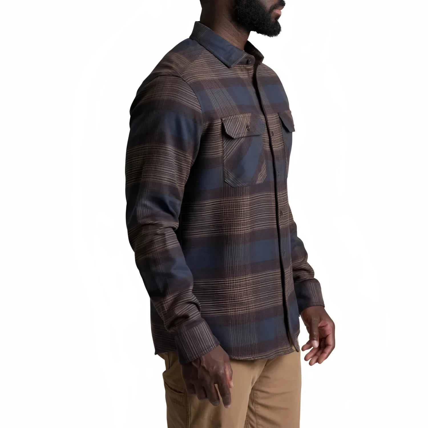 KUHL Men's Rydr™ Flannel in dark roast, on model side view