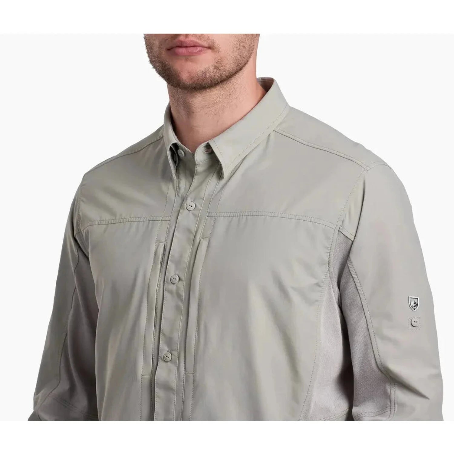 KÜHL Men's AIRSPEED™ Shirt shown in the Cloud Gray color option. Front neck view.