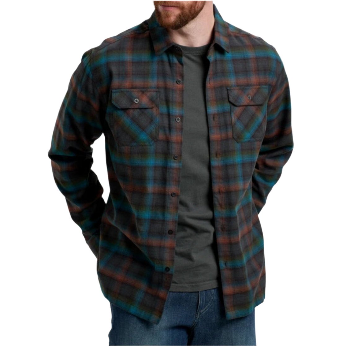 Kuhl Men's Dillingr™ Flannel shown in the Oasis color option. Front view -open on model.