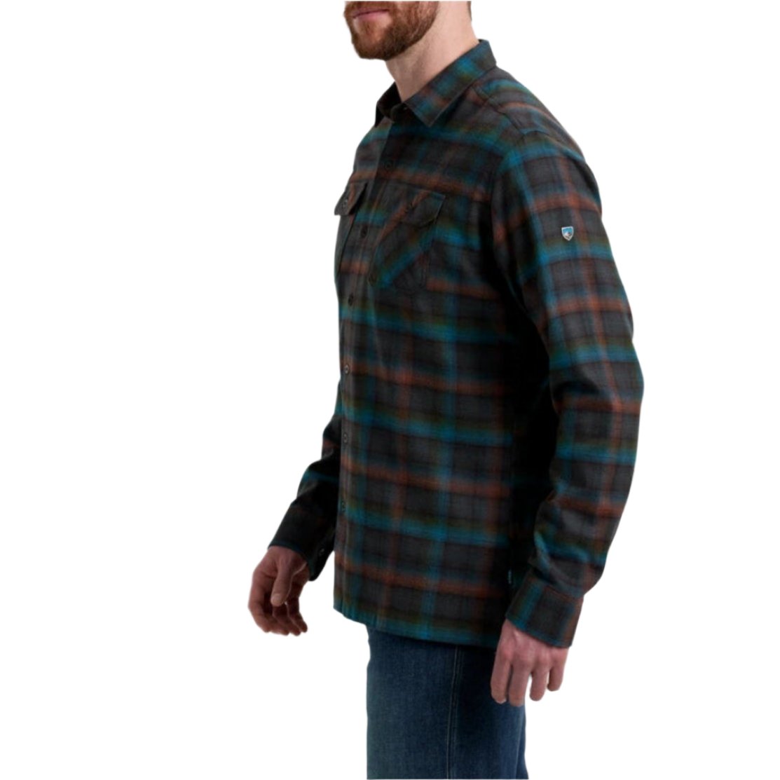 Kuhl Men's Dillingr™ Flannel shown in the Oasis color option. Side view on model.