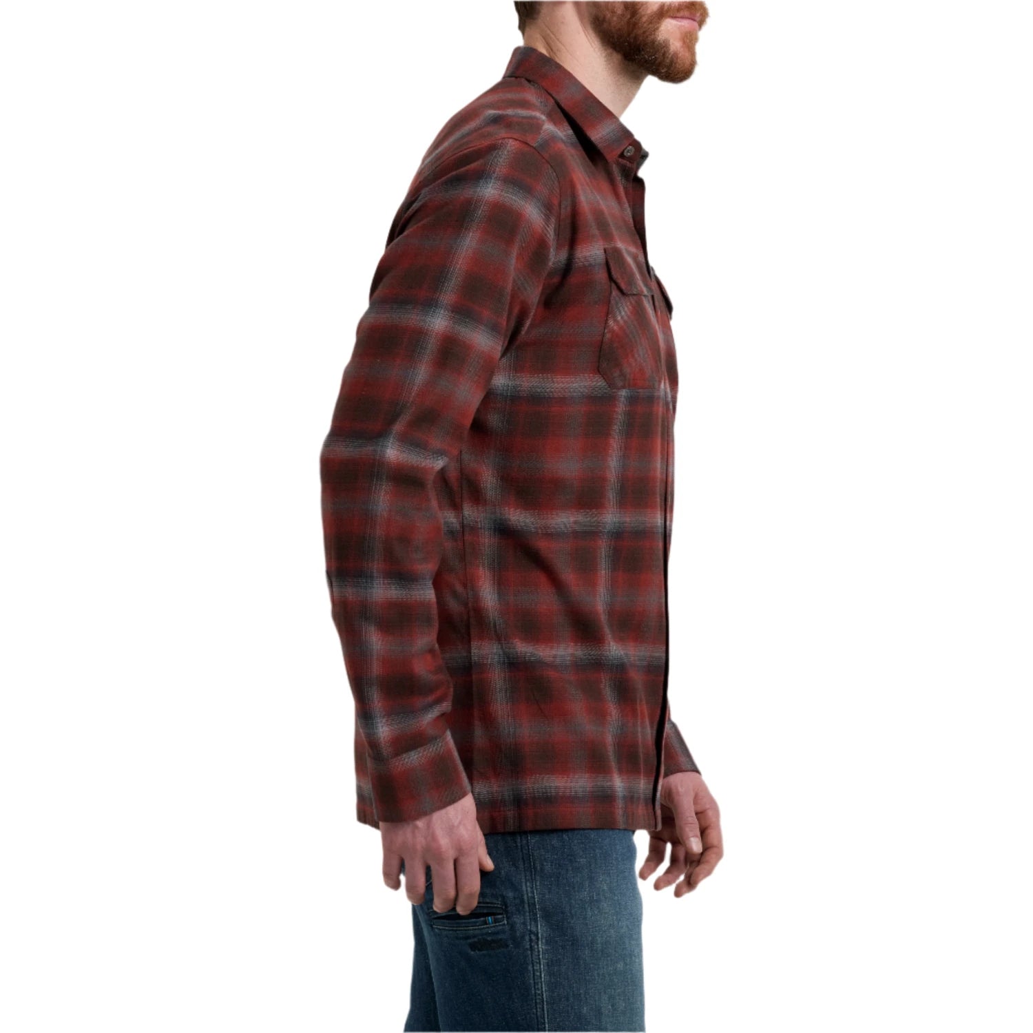 Kuhl Men's Dillingr™ Flannel shown in the picante color option. side view on model.