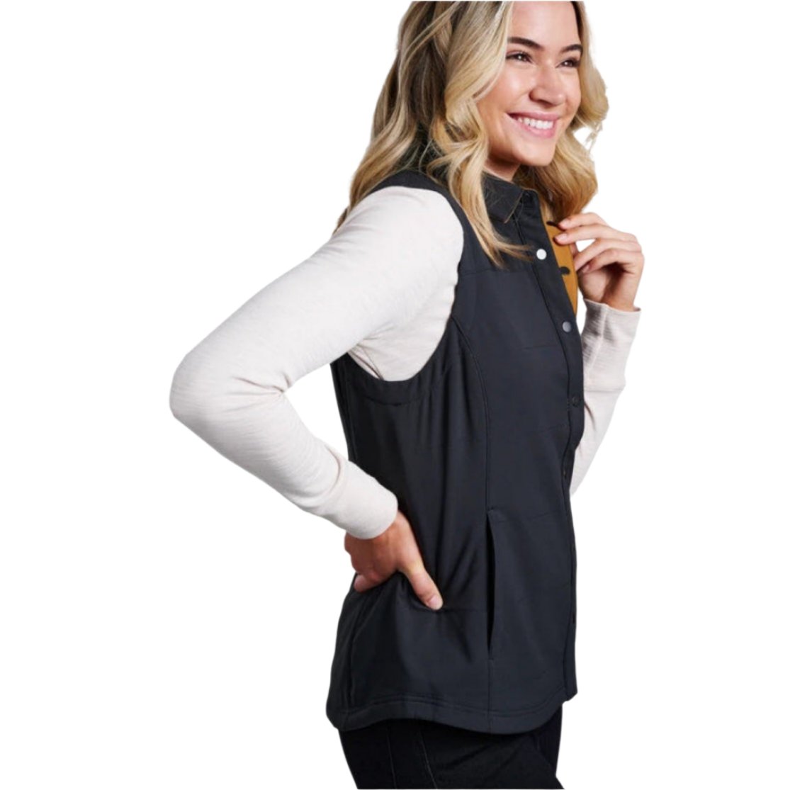 Kuhl Women's Aurora™ Vest shown in the Black color option. Side view on model.