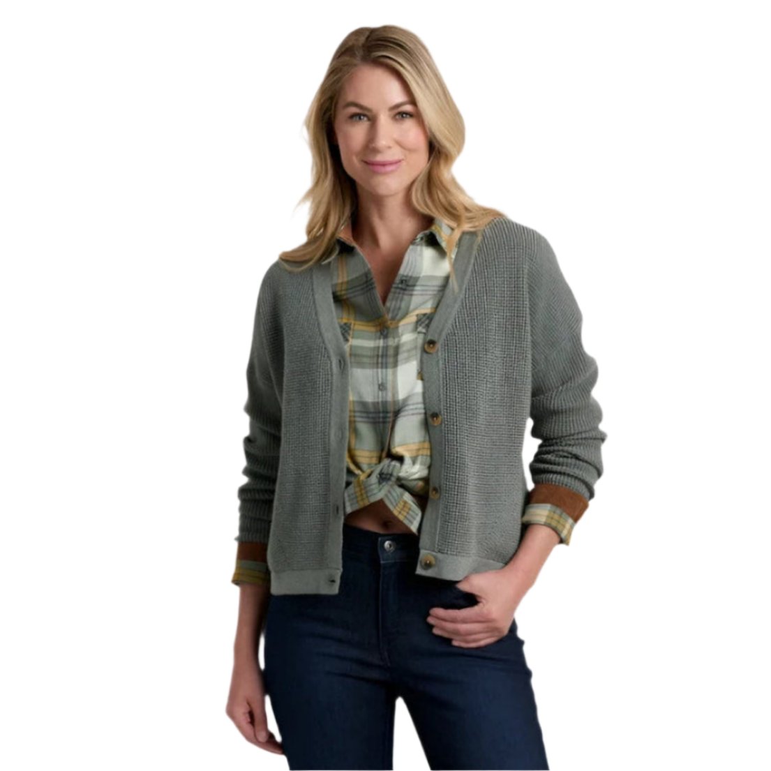 Kuhl Women's Brynn™ Cardigan Sweater shown in the Soft Pine color option. Front view on the model. 