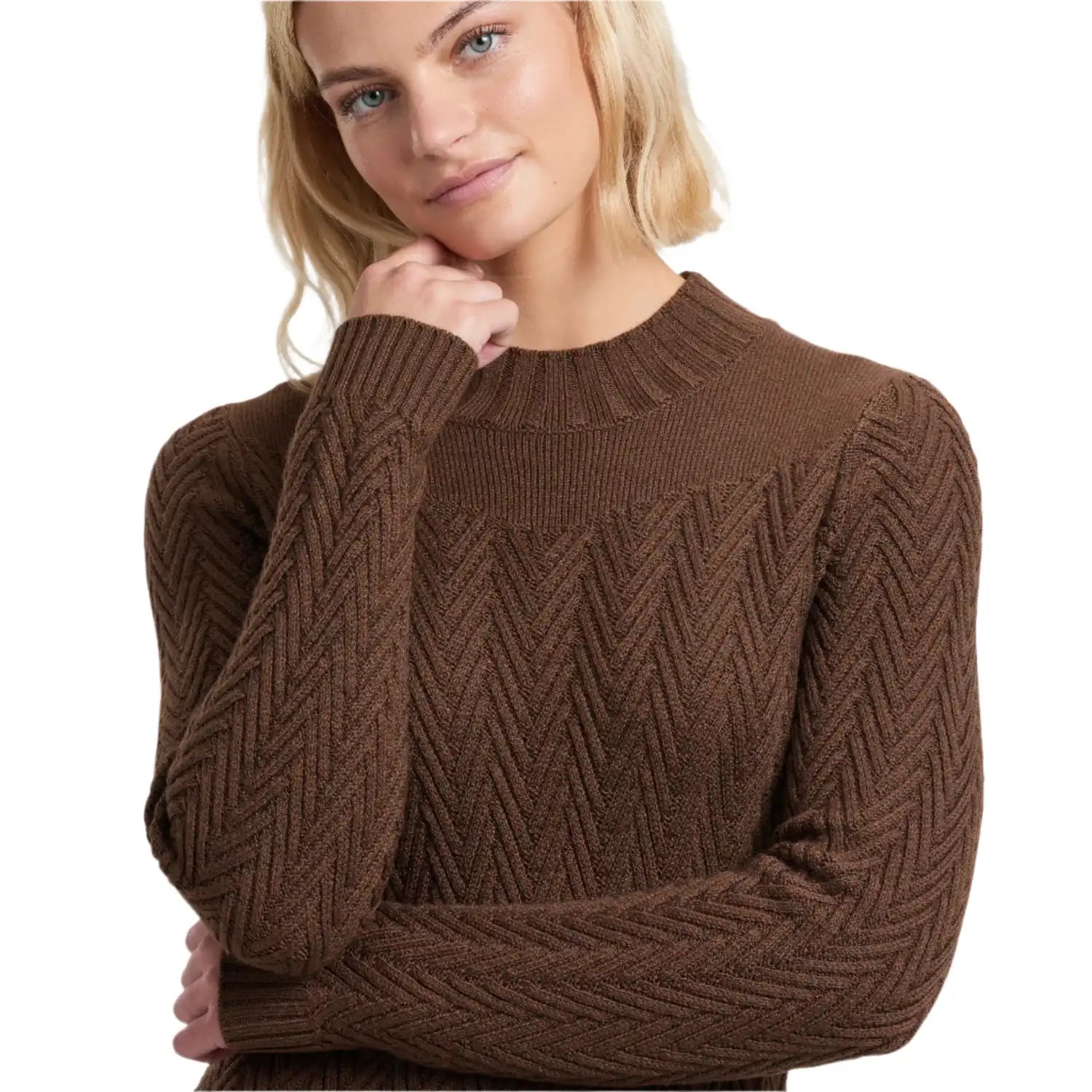 kuhl womens gia sweater dress in mocha front top model view