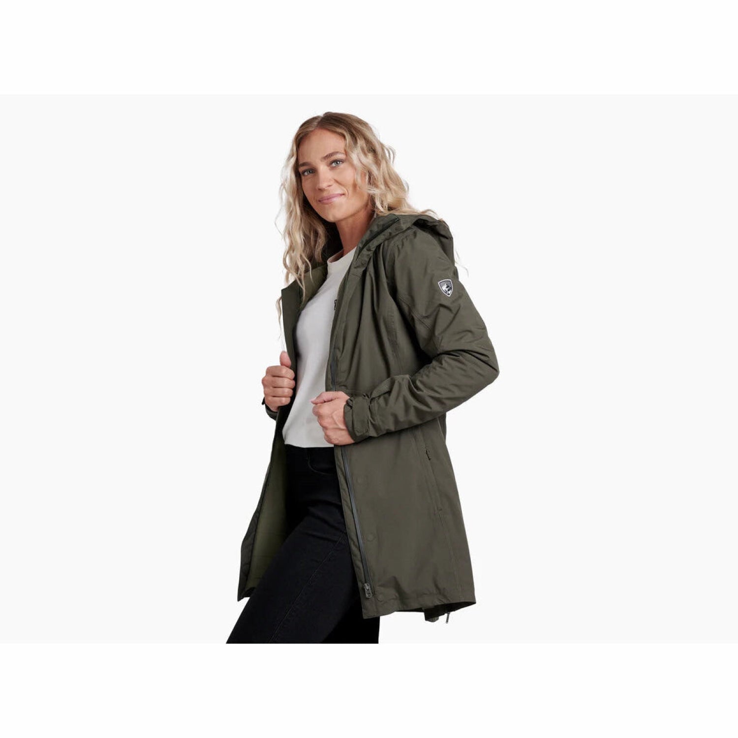 Kuhl Women's Stretch Voyagr™ Insulated shown in the Black Olive color option. Side view on model.