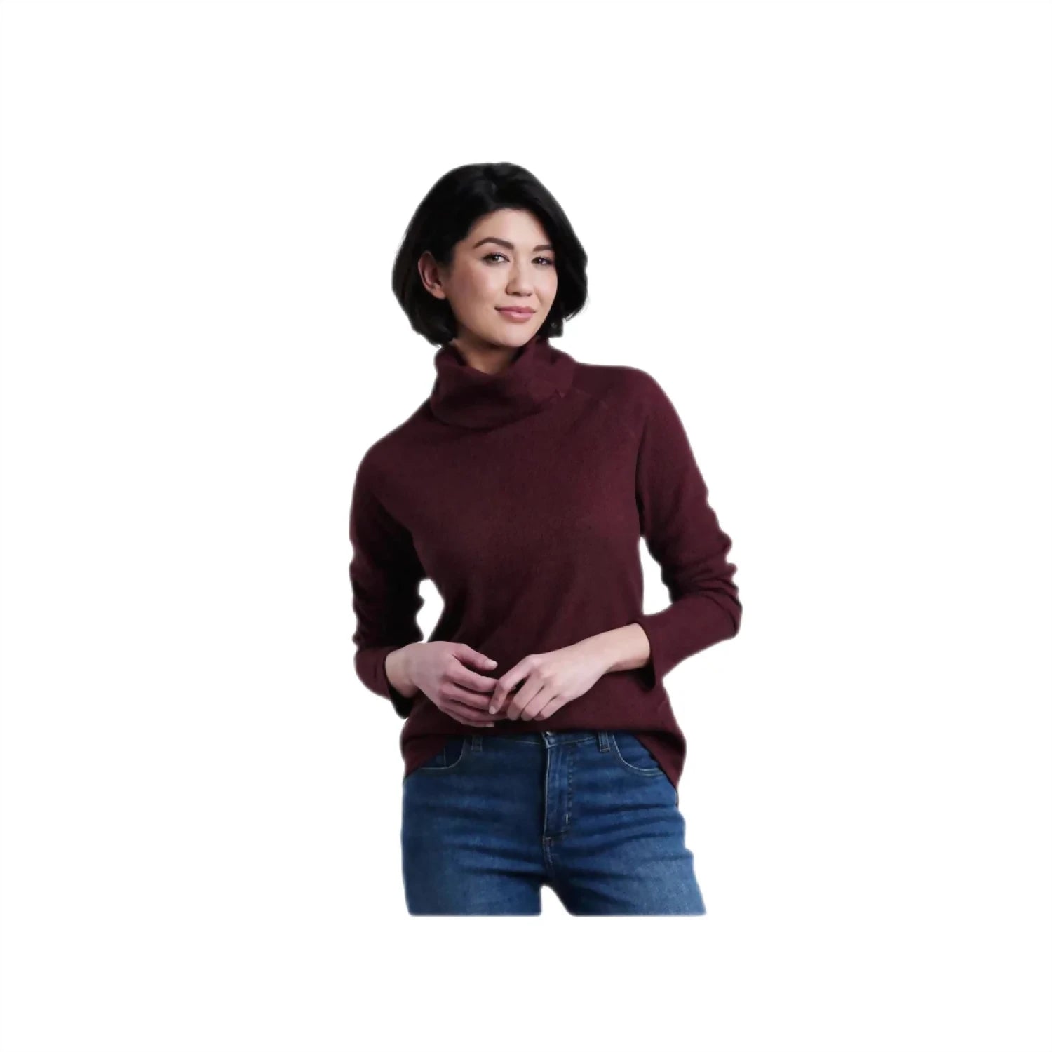 Kuhl Women's PETRA™ Turtleneck shown on model in the Zinfandel color option. Front view.