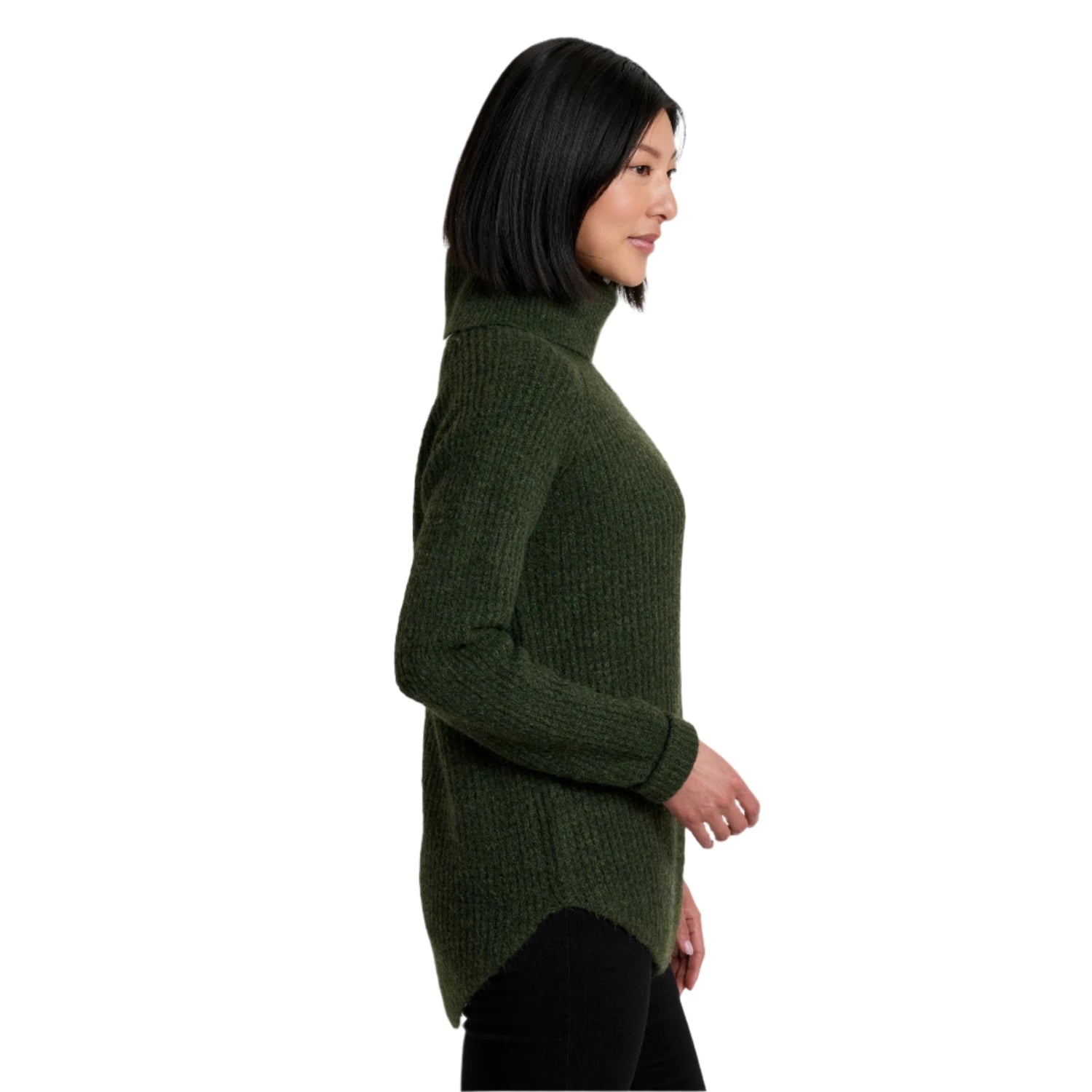 kuhl womens sienna sweater in dark moss side model view