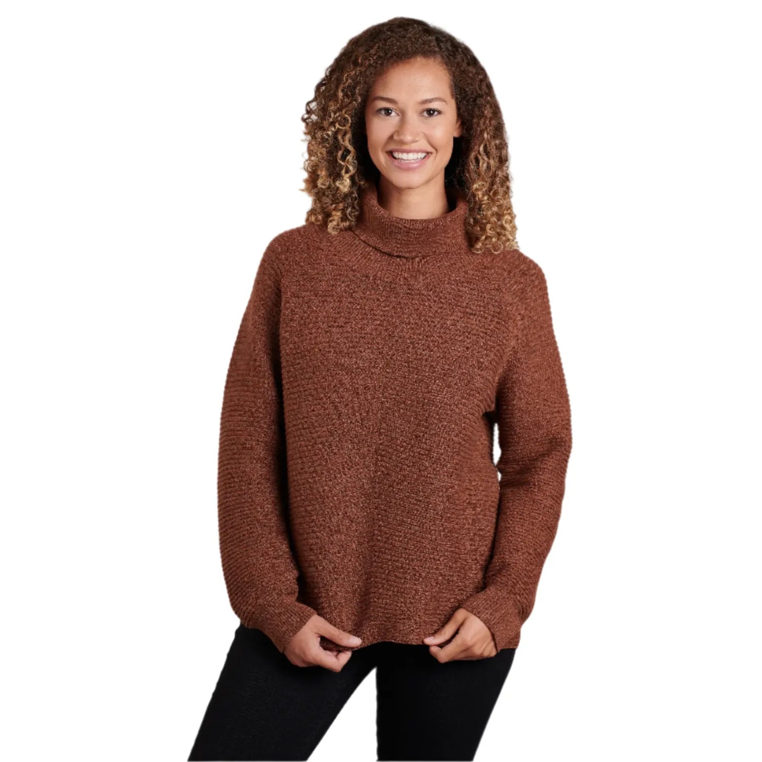 kuhl womens solace sweater in copper front model view