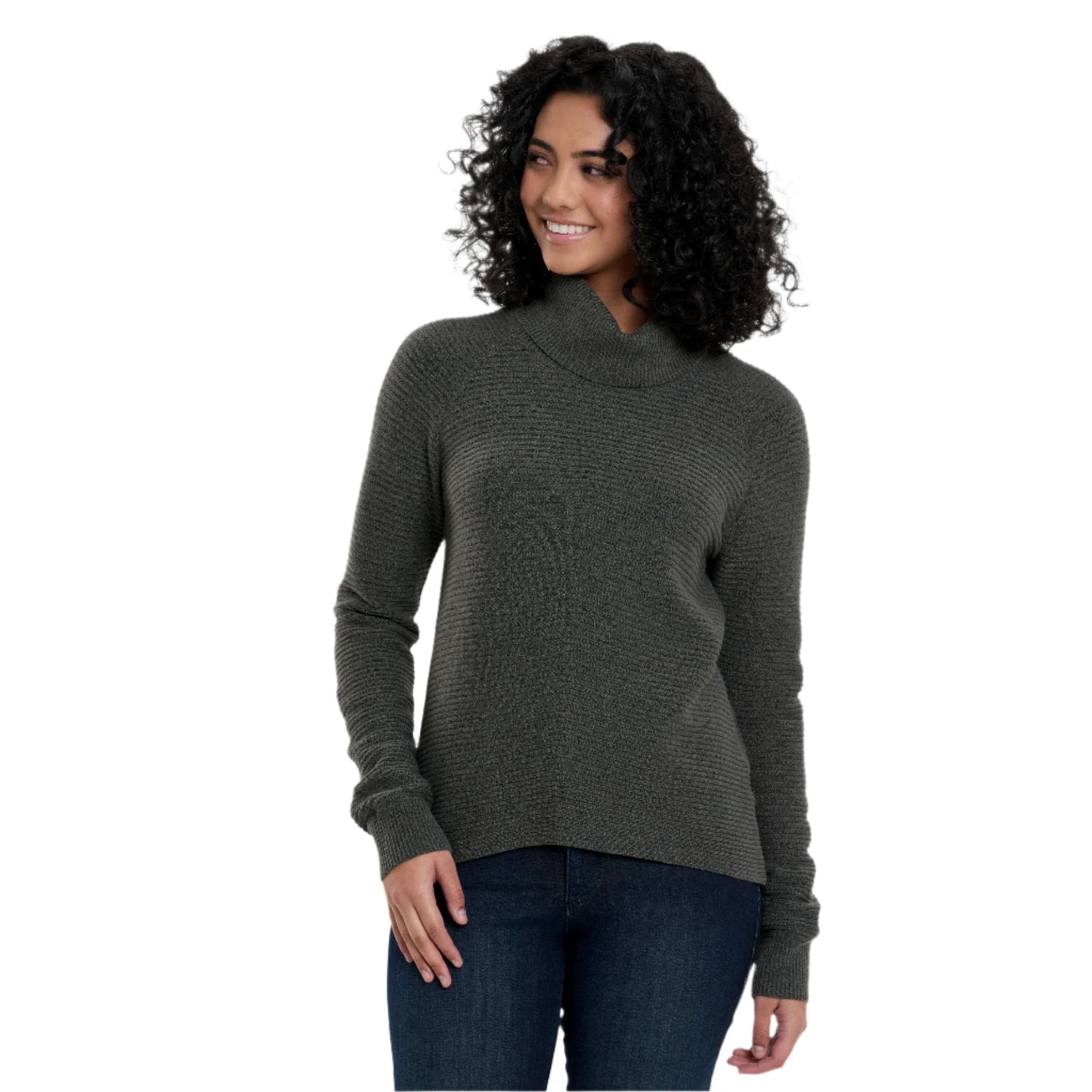 kuhl womens solace sweater in soft pine front model view