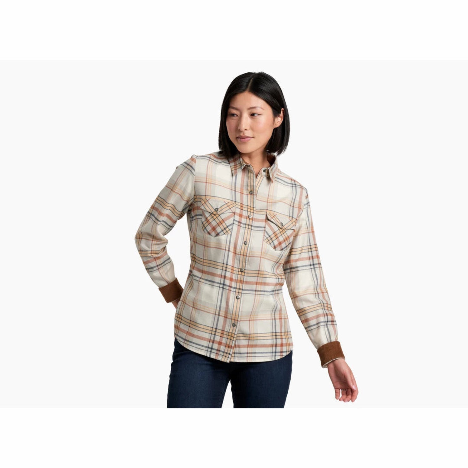 KÜHL Women's Tess™ Flannel shown in the Dove color option. Front view on a model.