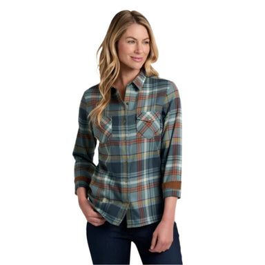 KÜHL Women's Tess™ Flannel shown in the Mineral Blue color option. Front view on a model.