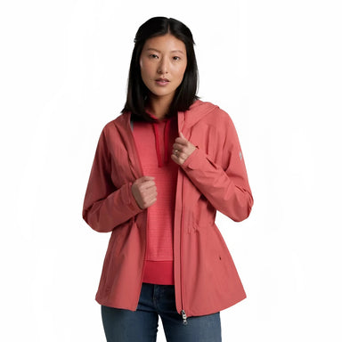 KUHL Women's Stretch Voyagr™ Rain Jacket in crab apple, on model front view