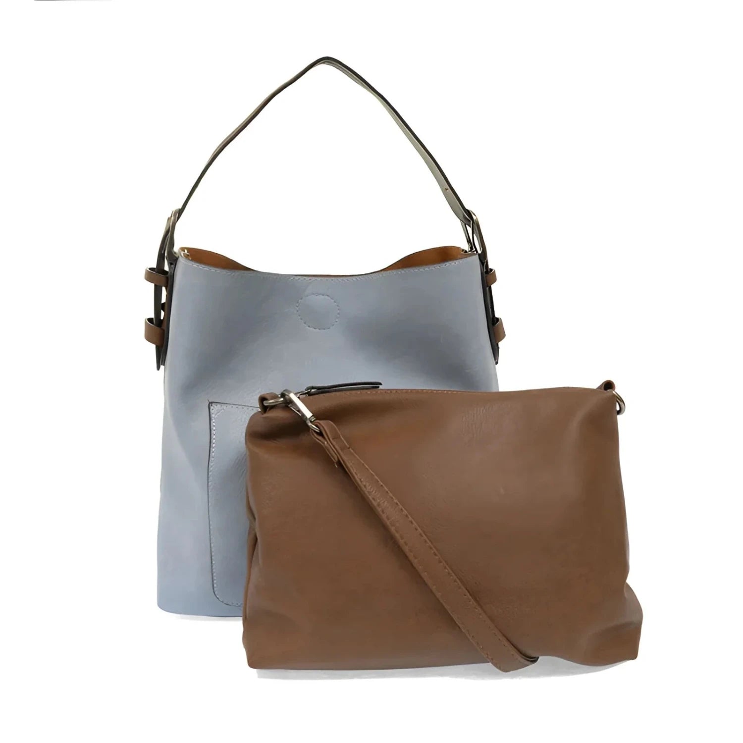 Joy Susan Classic Hobo Handbag in wedgewood blue & coffee, front with inner extra bag 