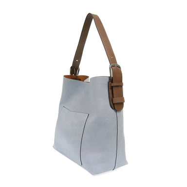 Joy Susan Classic Hobo Handbag in wedgewood blue & coffee, side view