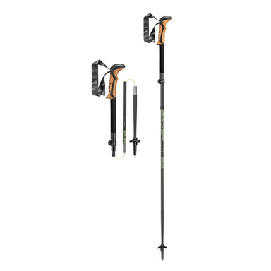 Two hiking poles with adjustable components on a white background