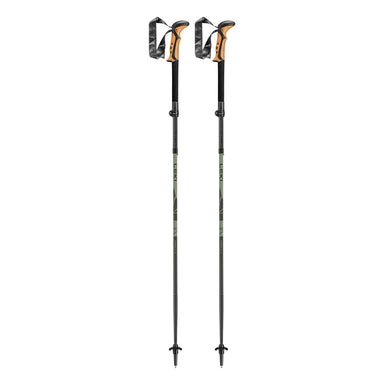 Two black and orange ski poles on a white background