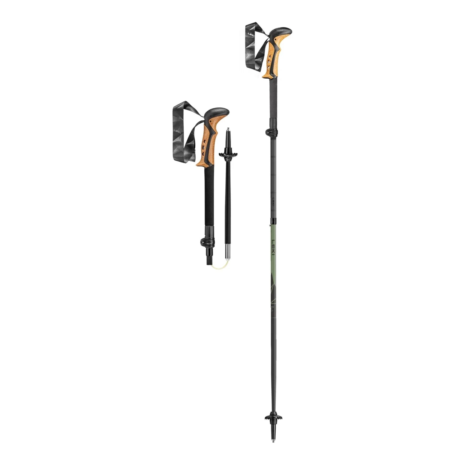 Two hiking poles with adjustable shafts on a white background