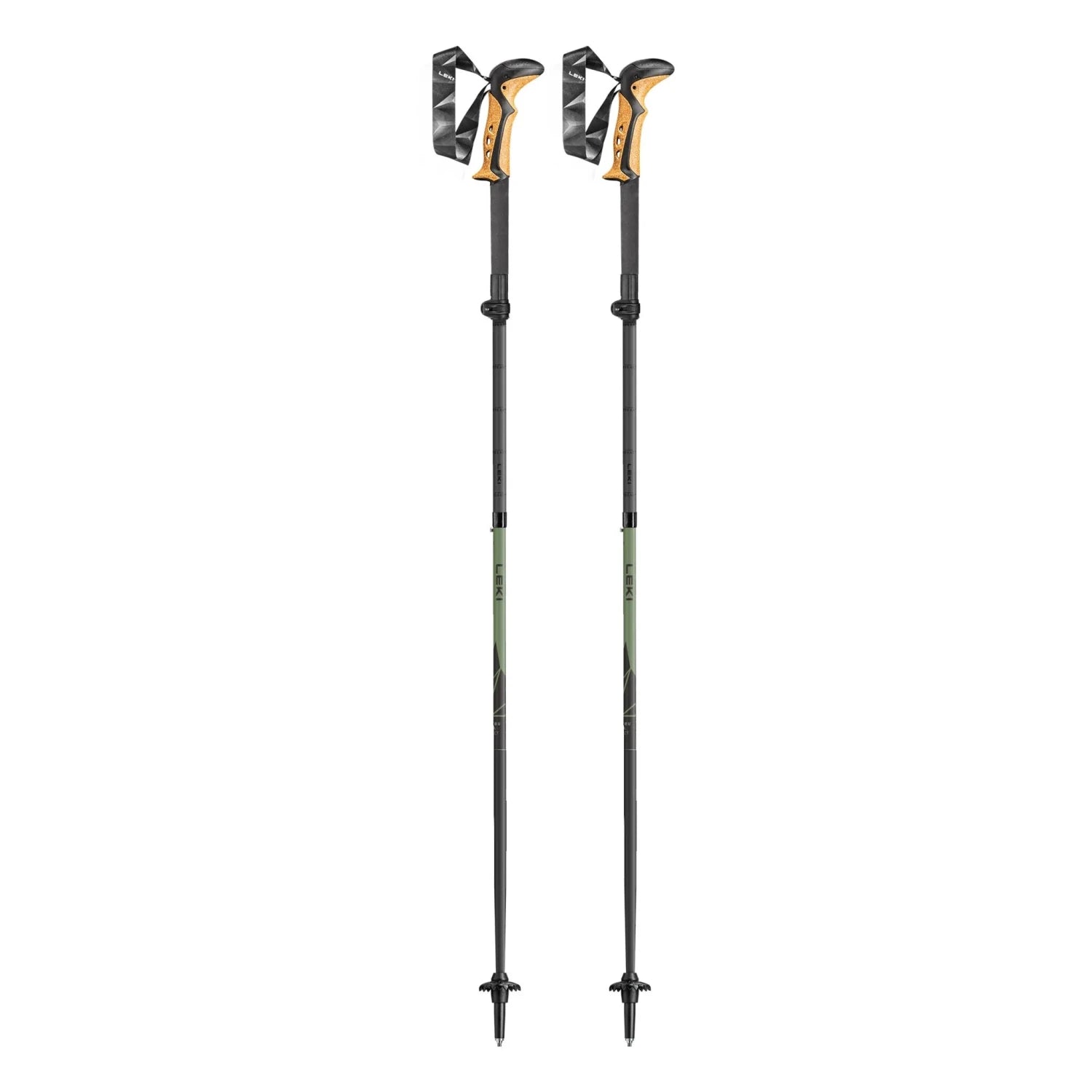Two ski poles with black and orange design on a white background