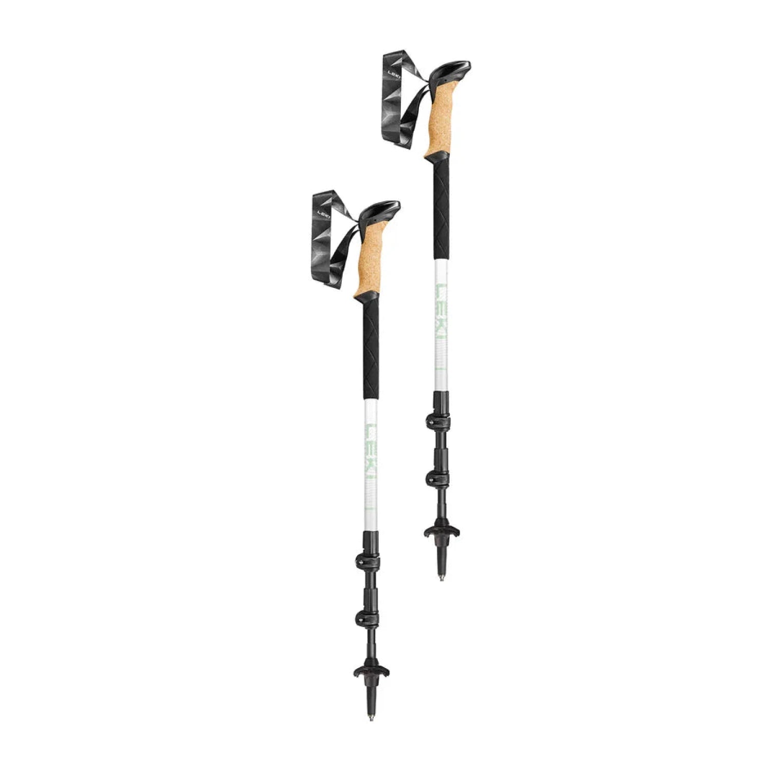 Two hiking poles with black and beige grips on a white background