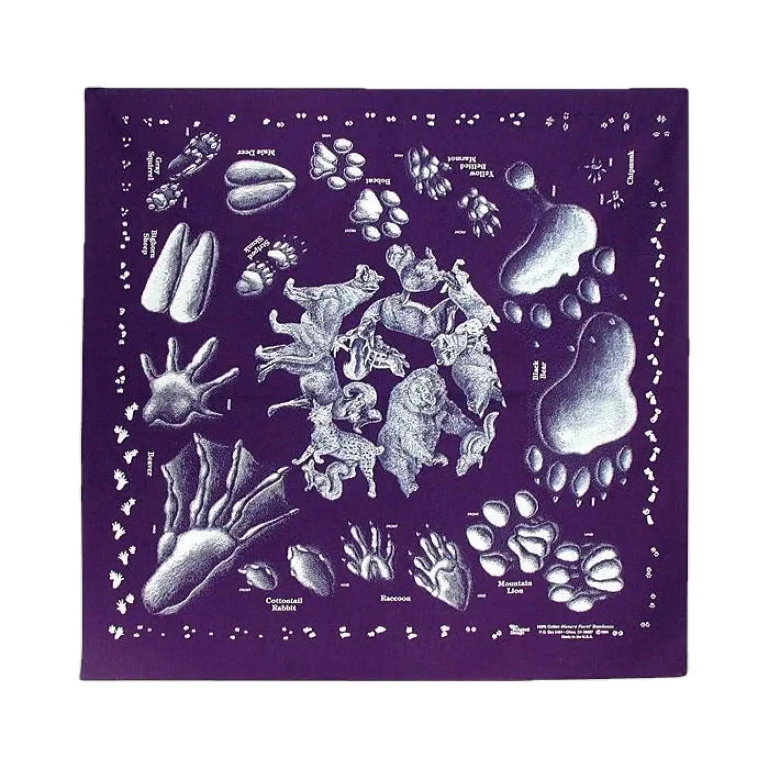 Liberty Mountain Nature Facts Bandana in Animal Tracks design. Navy with white .