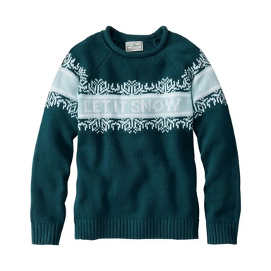 Green sweater with Let it snow in white across chest.