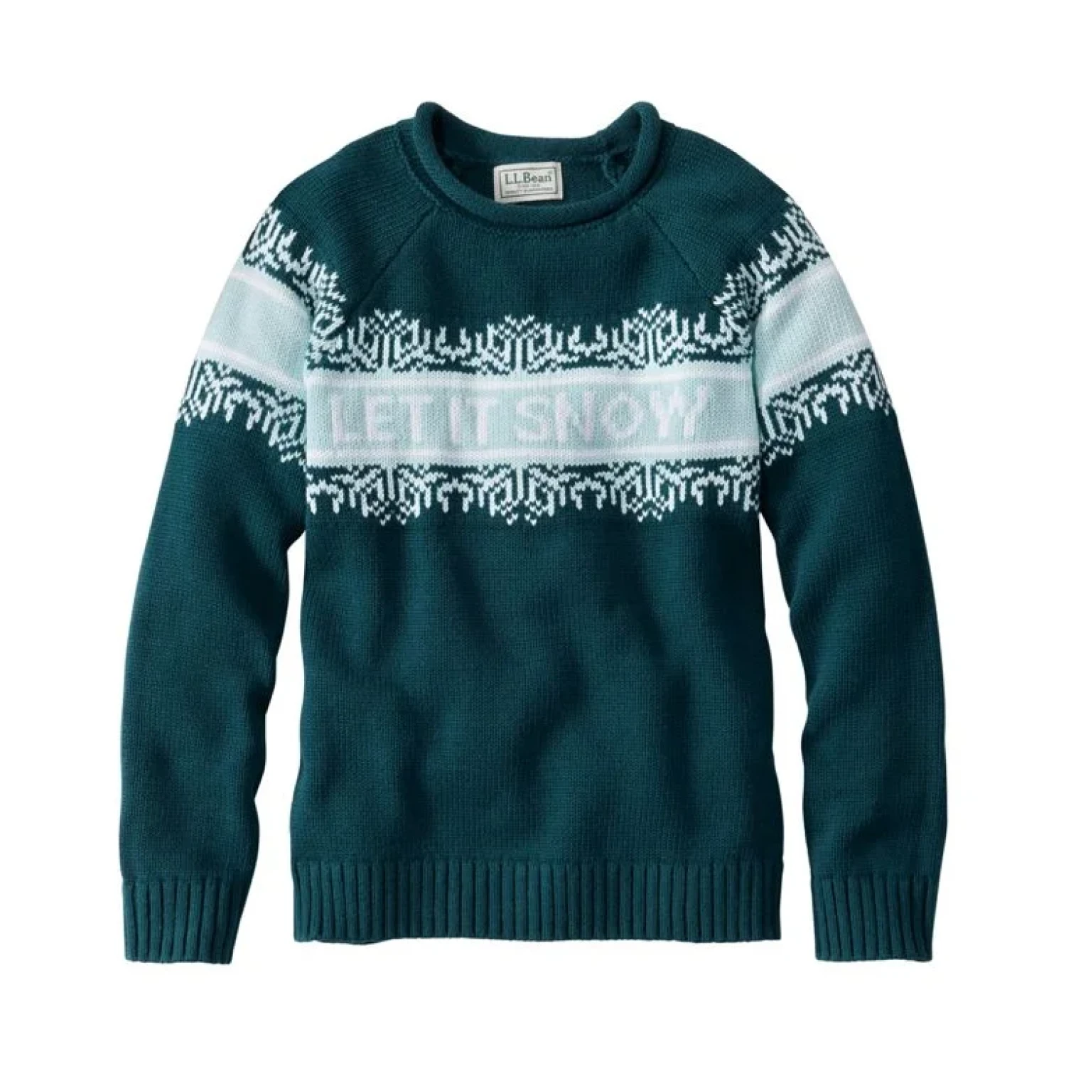 Green sweater with white pattern and 'LET IT SNOW!' text on a white background
