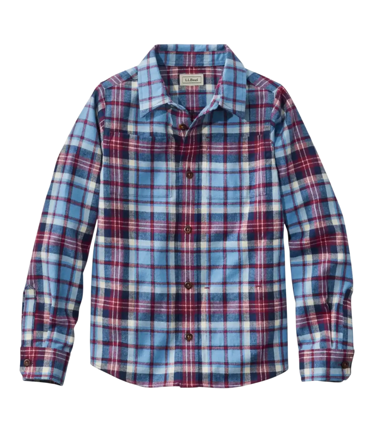 L.L. Bean Kid's Scotch Plaid Flannel Shirt in Blue Ridge Plaid, front view flat