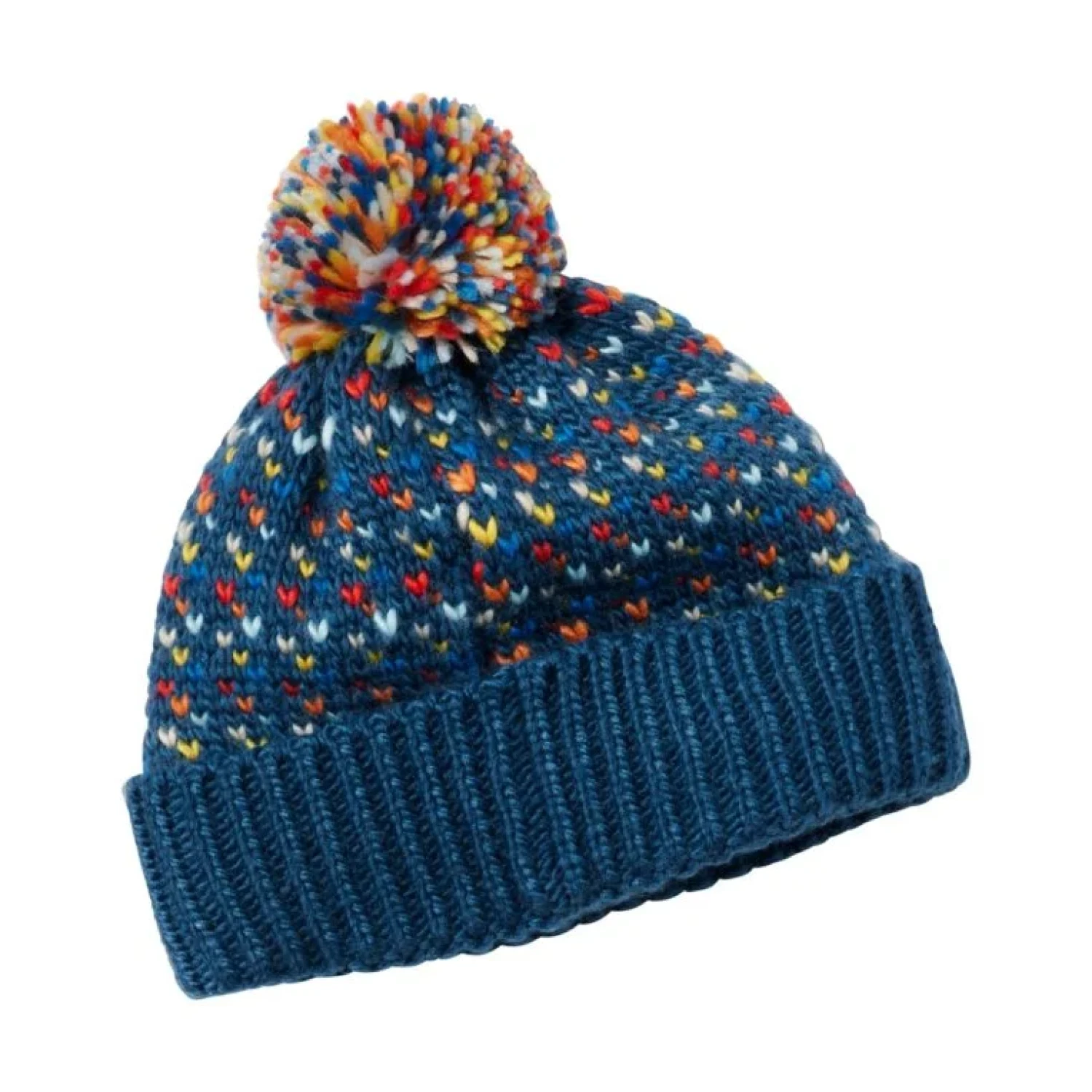 Blue hat with multicolor pom