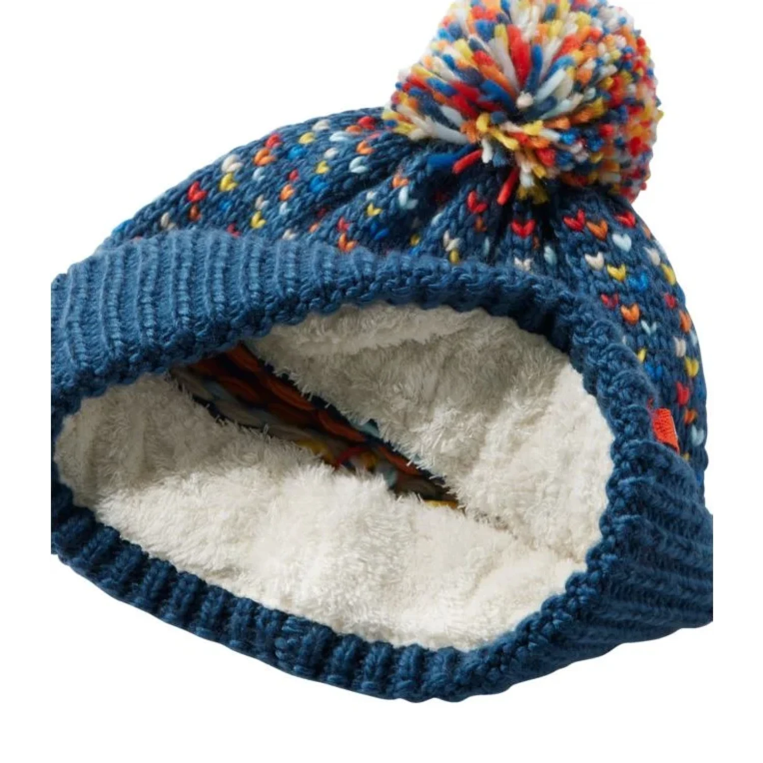Blue hat with multicolor pom with fleece inside