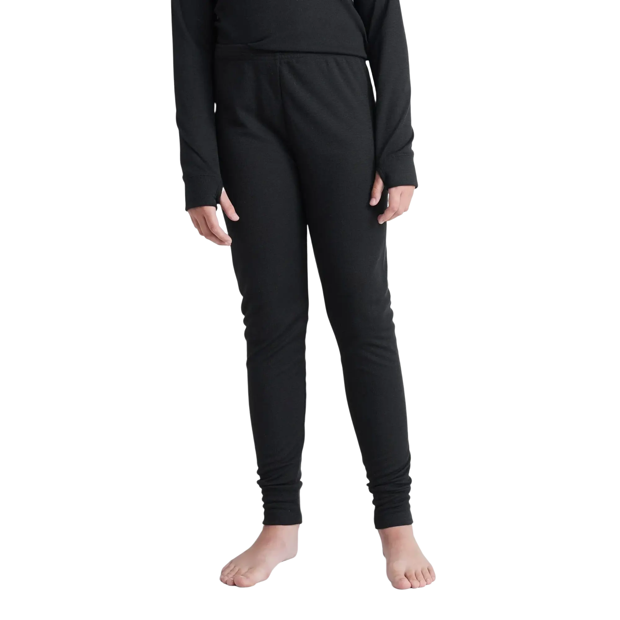 LL Bean Kid's Wicked Warm Midweight Long Underwear in Black, front view on model 