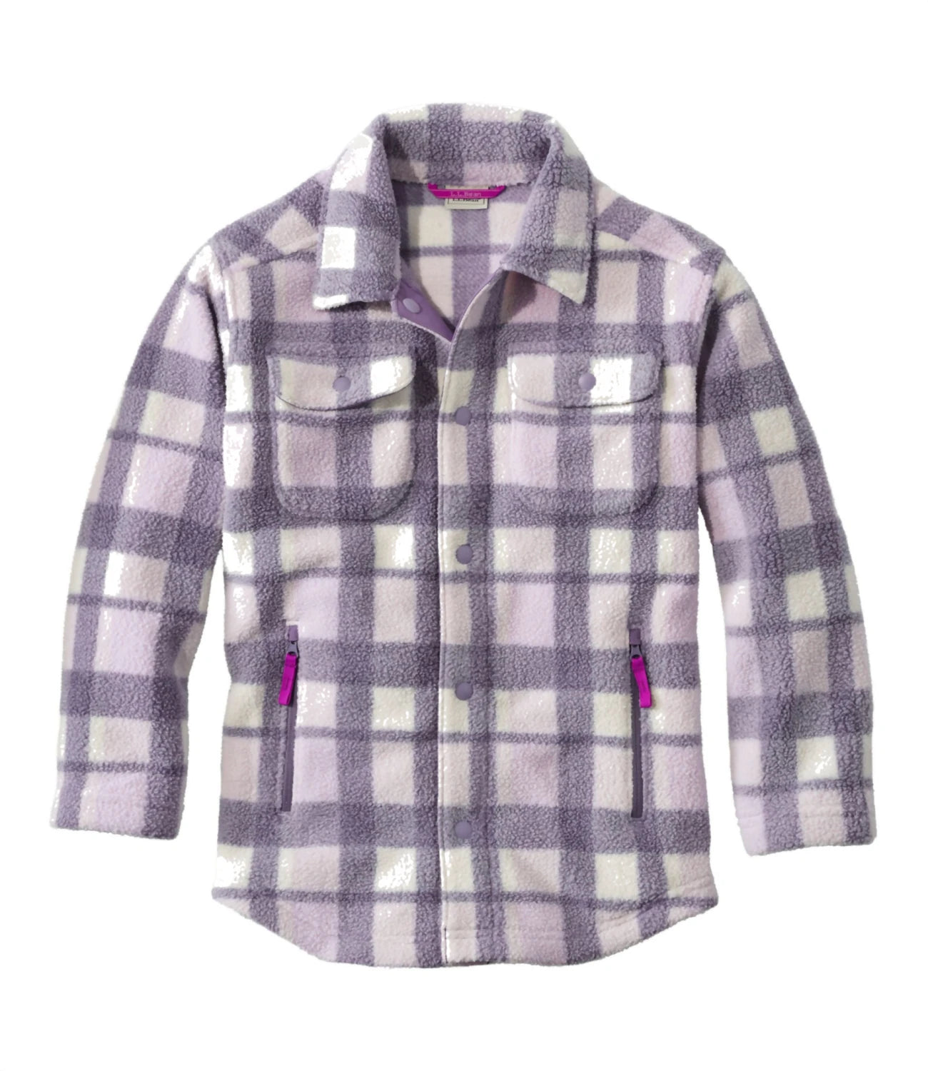 Patagonia Kid's Cozy Fleece Shirt Jacket shown in the Lavender Ice color option. Front view.