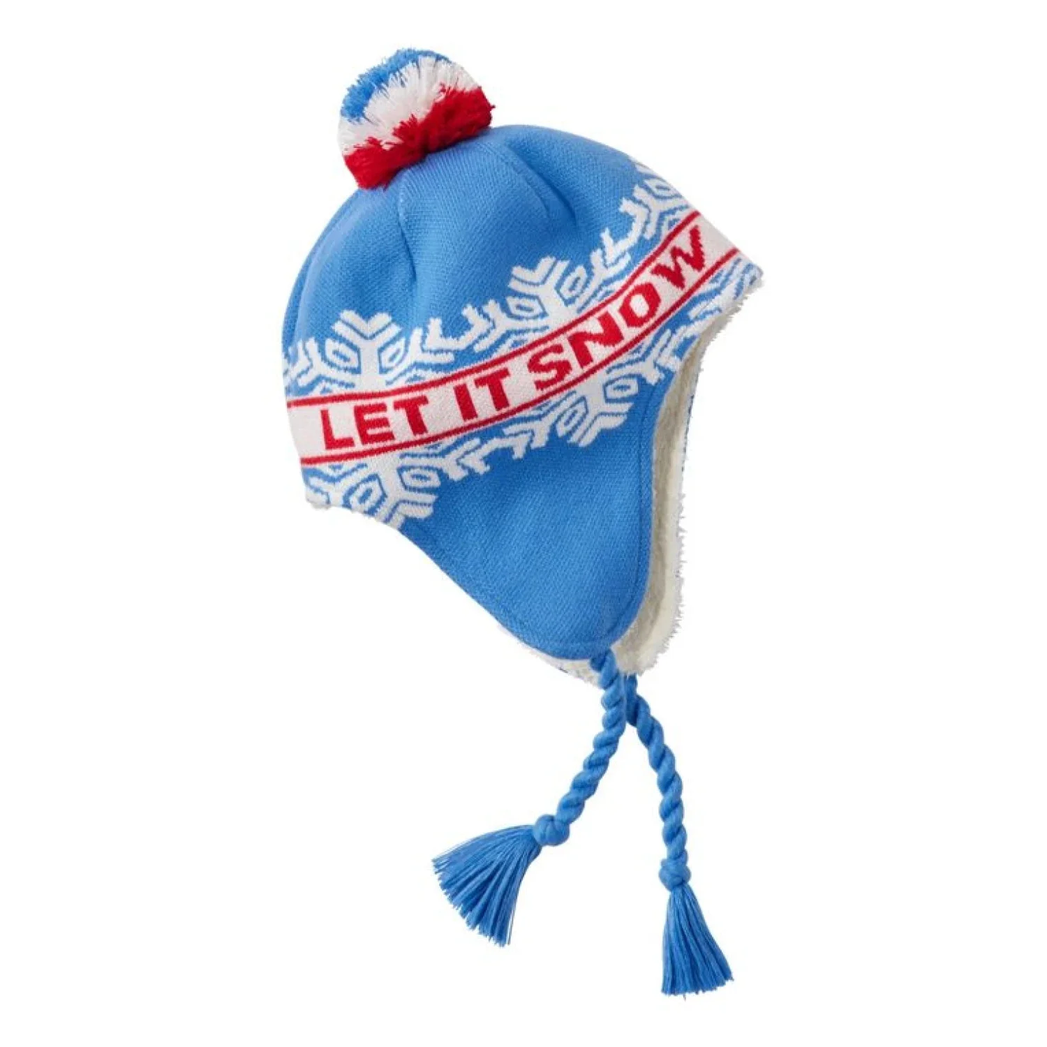 Blue knitted hat with red and white text 'LET IT SNOW' on a white background