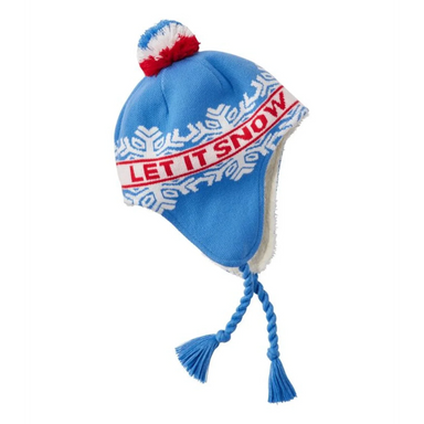 Blue knitted hat with red and white text 'LET IT SNOW' on a white background
