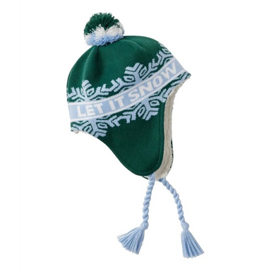 Green knit hat with snowflake pattern and 'It's Snow' text on a white background