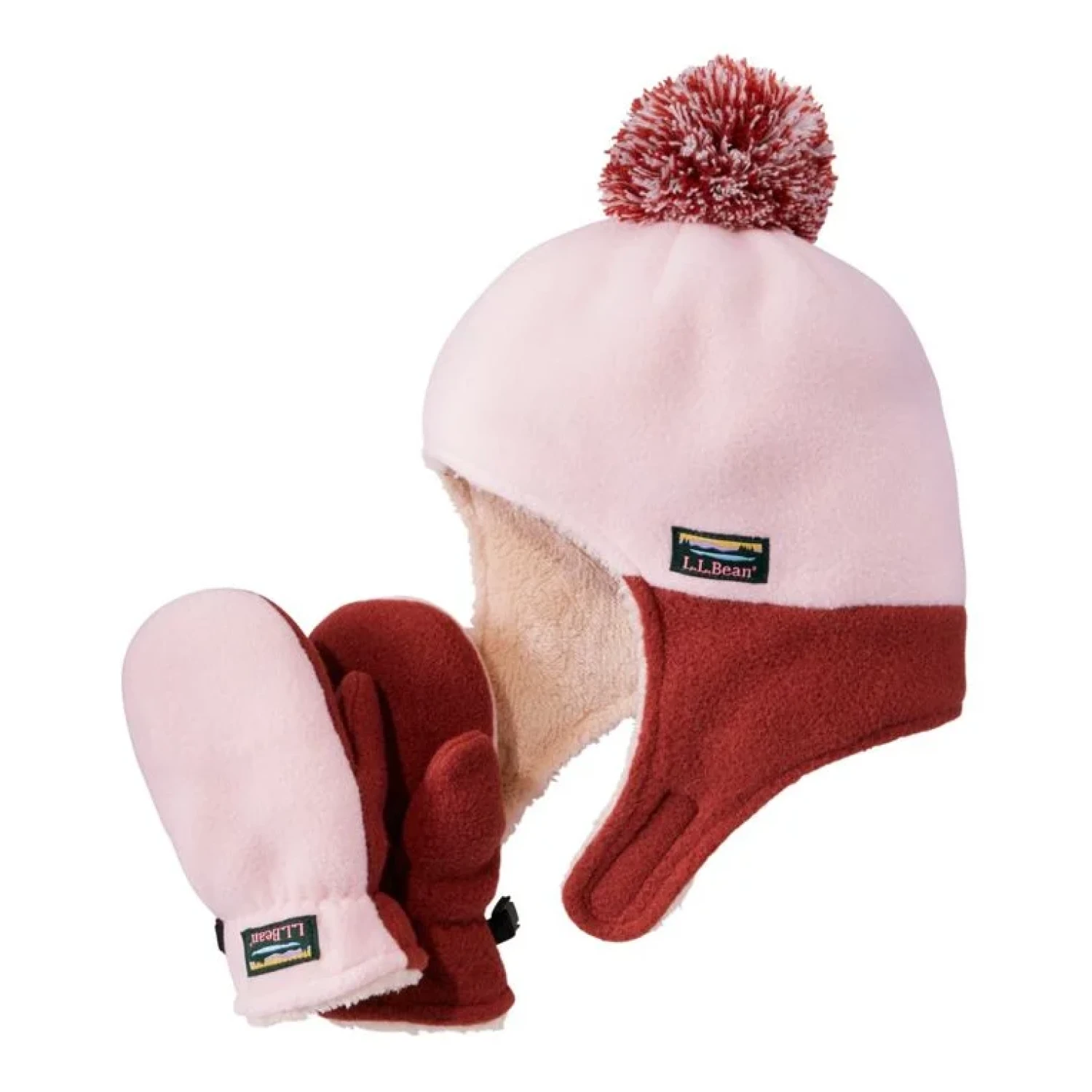 Pink and Maroon Fleece hat and mitten set.