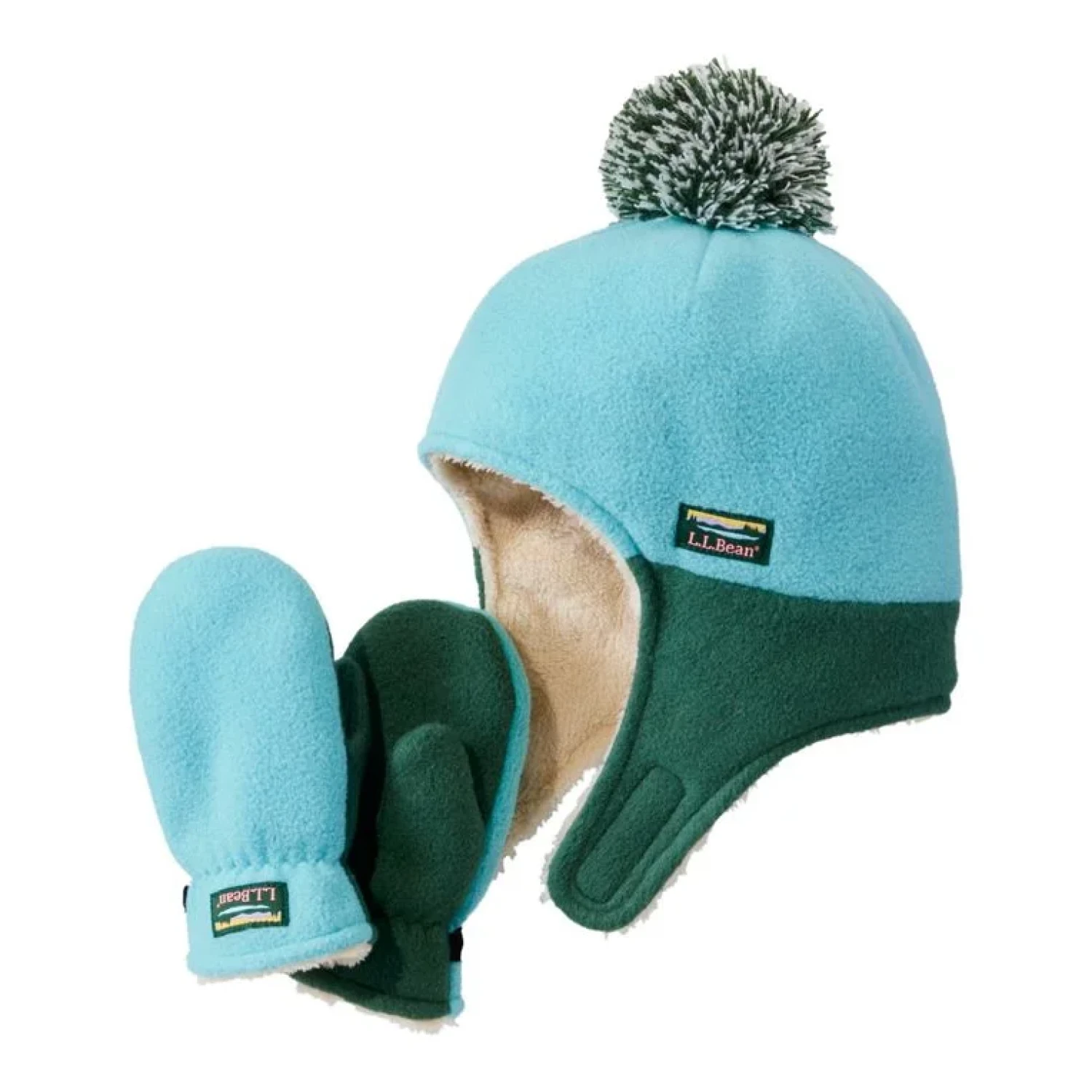 Blue and Green Fleece hat and mitten set.