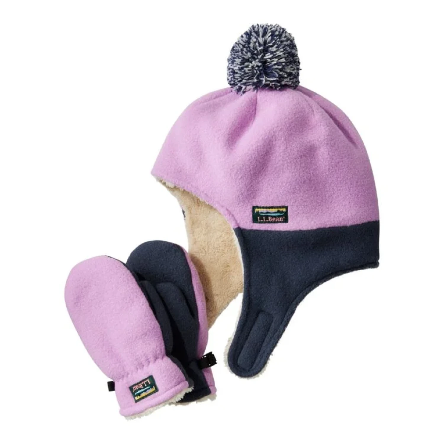 Lilac and Navy Fleece hat and mitten set.