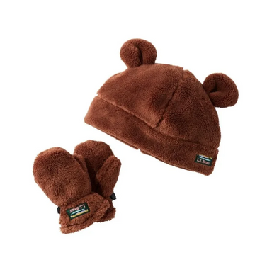 Brown bear-themed hat and mittens set on a white background
