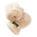 Pair of fluffy cream mittens with a brand label on a white background
